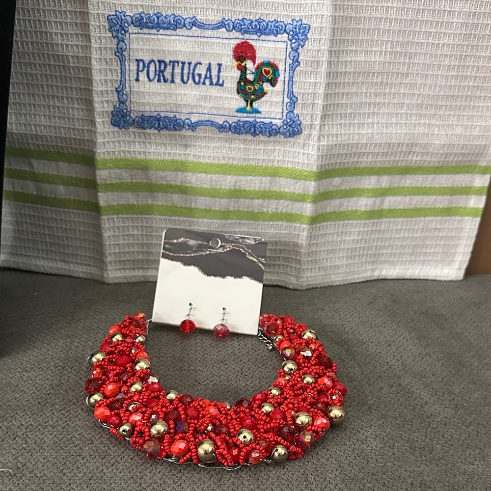 Red and Gold Beaded Necklace and Earring Set